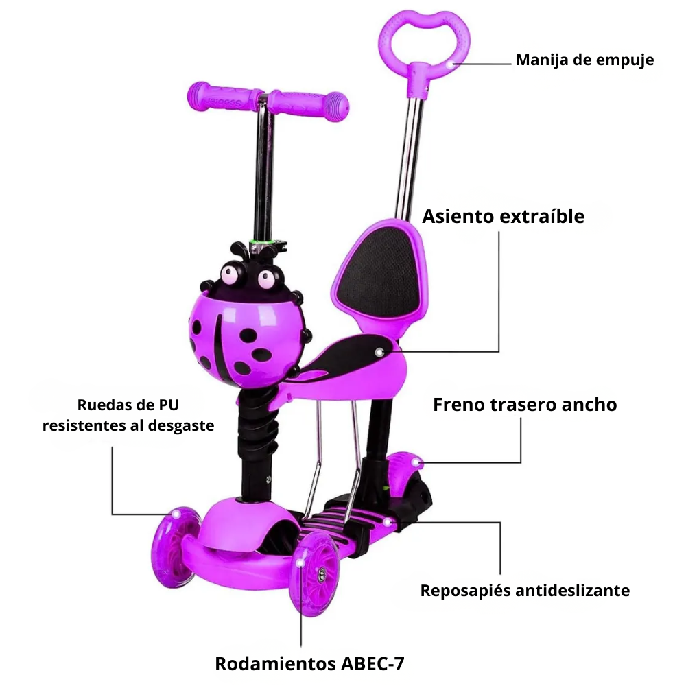 Patineta Scooter Monopatín Para Niños 5en1 Luz Led Mariquita