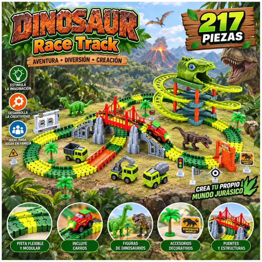 Pista De Carritos Flexible Armable 217 Piezas Dinosaur Race