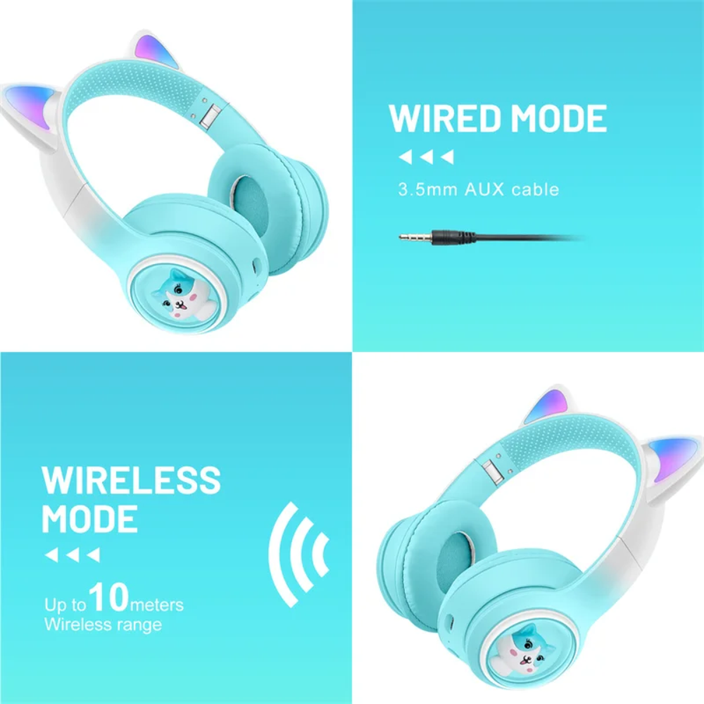 Audífonos Orejas De Gato Bluetooth Recargables Luz Led Akz01