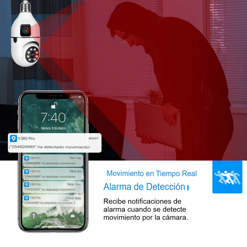 Cámara De Seguridad Bombillo Robot 2 Lentes Wifi 2.4g V380
