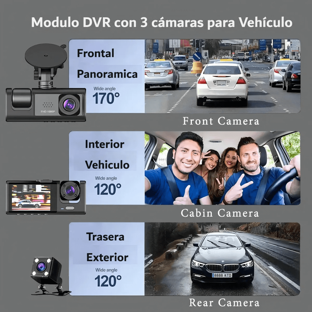 Cámara Carro Dash Cam 1080p Hd 3 Lentes Camara Vehicular Dvr