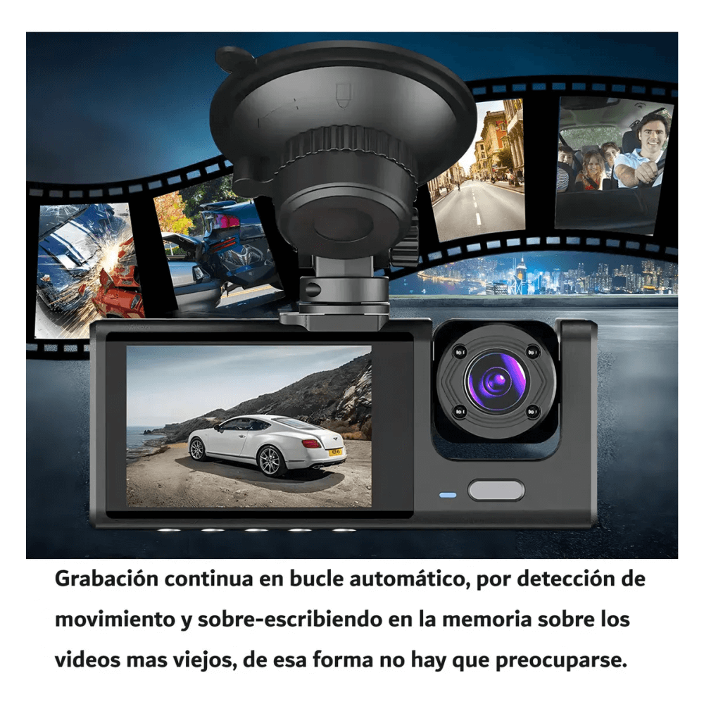 Cámara Carro Dash Cam 1080p Hd 3 Lentes Camara Vehicular Dvr