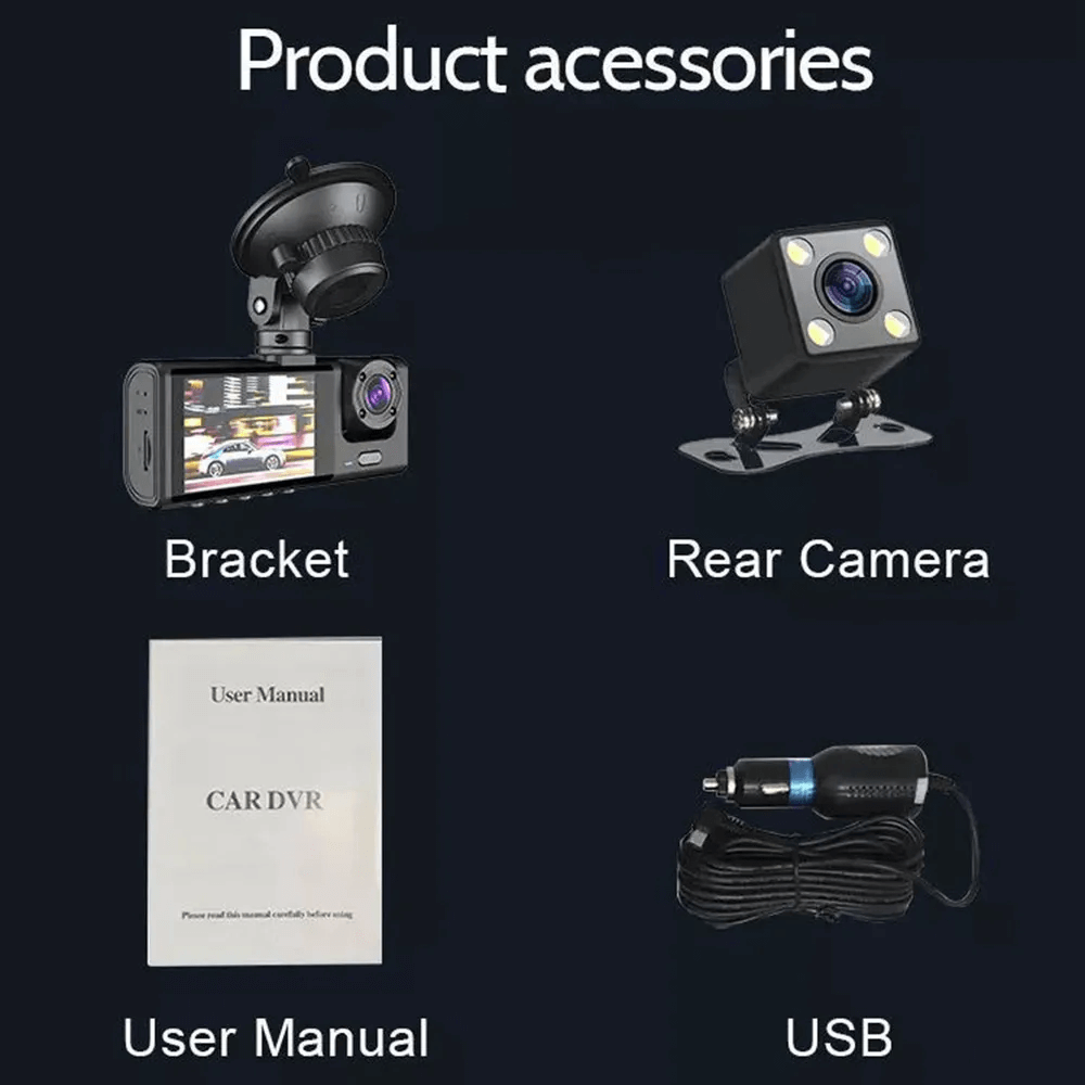 Cámara Carro Dash Cam 1080p Hd 3 Lentes Camara Vehicular Dvr