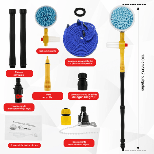 Cepillo Giratorio Auto Lavado 360° + Manguera Expandible 5Mt