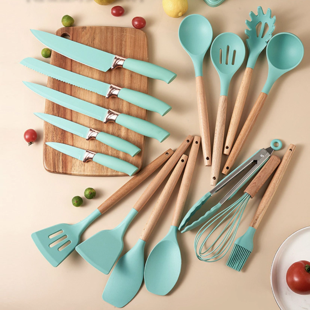 Set Utensilios Cocina En Silicona Y Juegos De Cuchillos 19pc