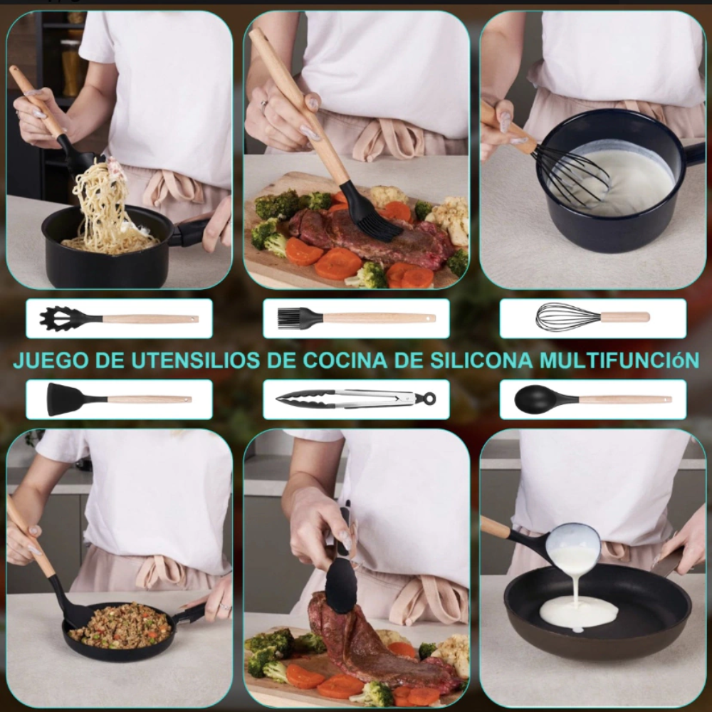 Set Utensilios Cocina En Silicona Y Juegos De Cuchillos 19pc