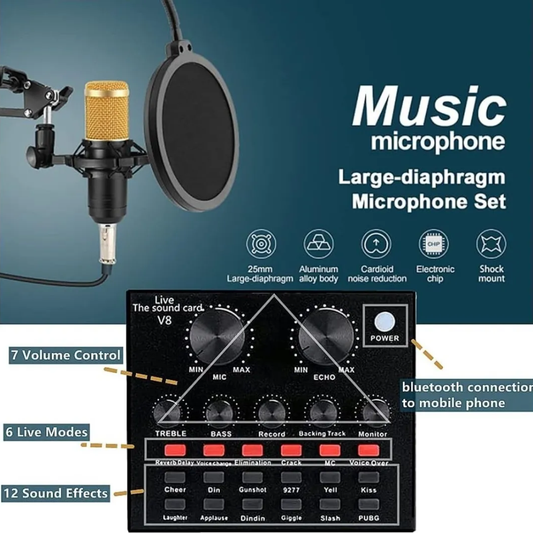 Micrófono Profesional Condensador Bm800 + Tarjeta Sonido V8