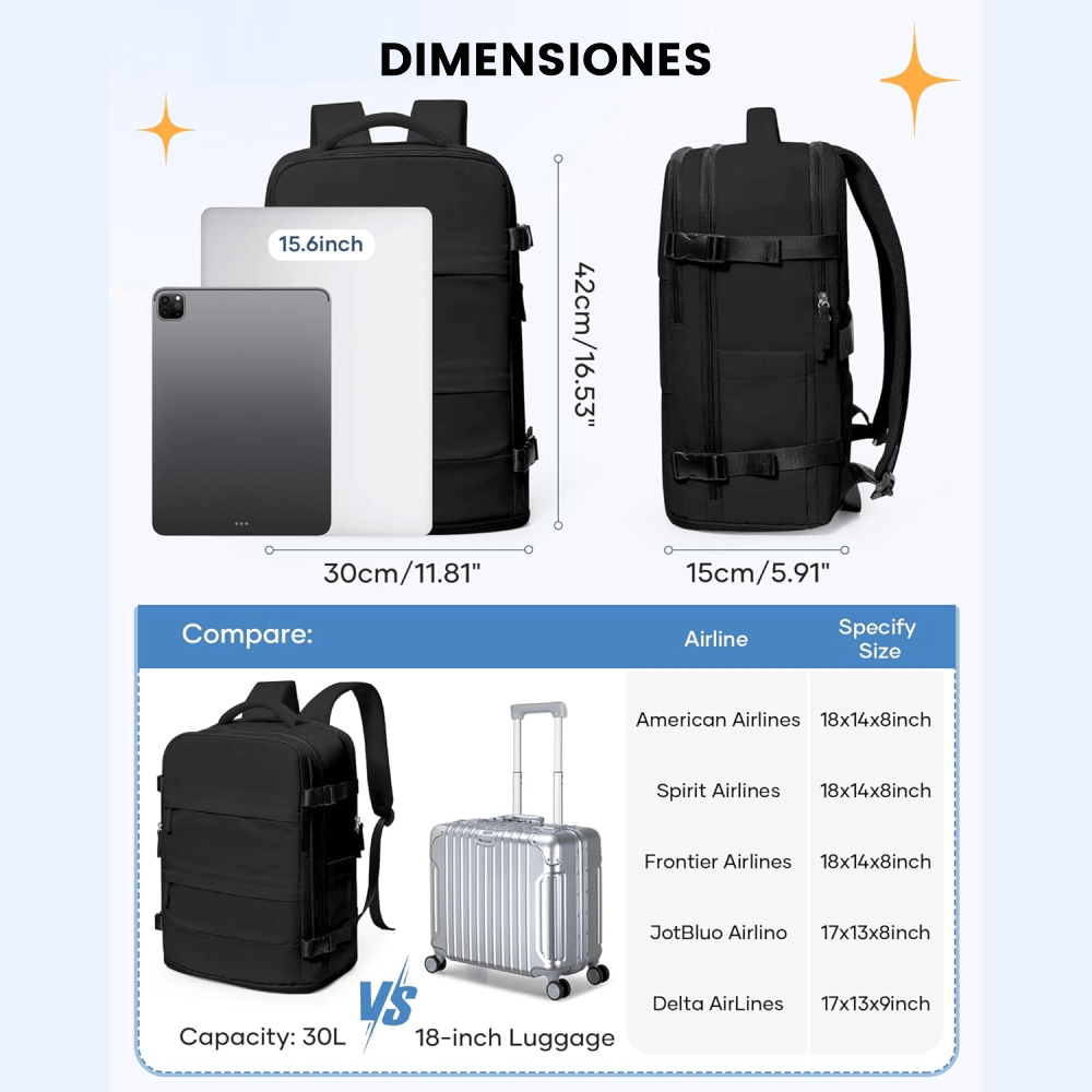 Morral De Mano Expandible Usb Mochila Viajera Cabina 25 Lt