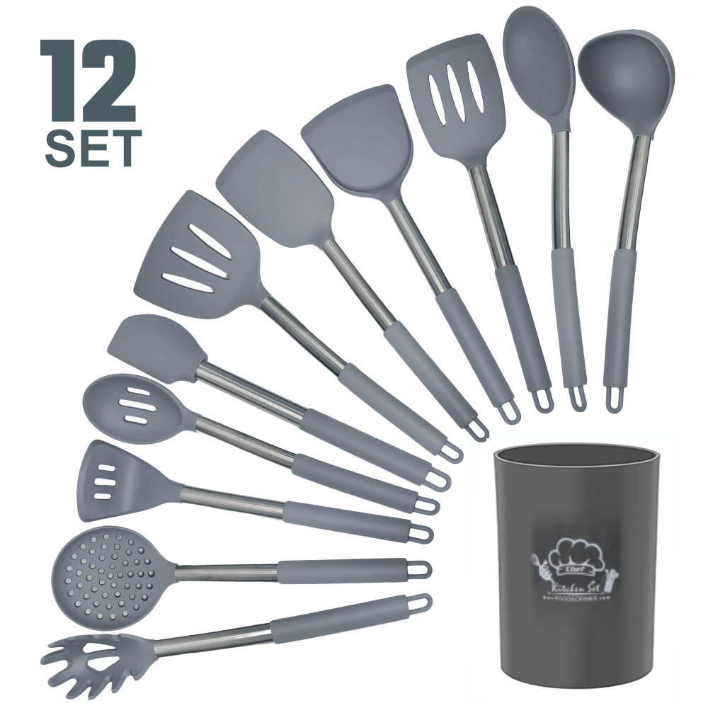 Set 12 Utensilios Cocina Silicona Resistentes Mango Acero Inoxidable