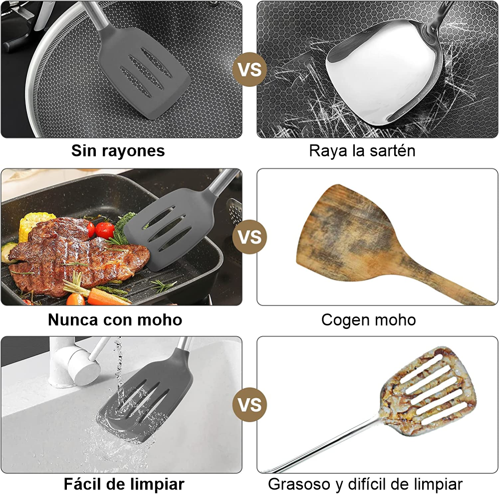 Set 12 Utensilios Cocina Silicona Resistentes Mango Acero Inoxidable