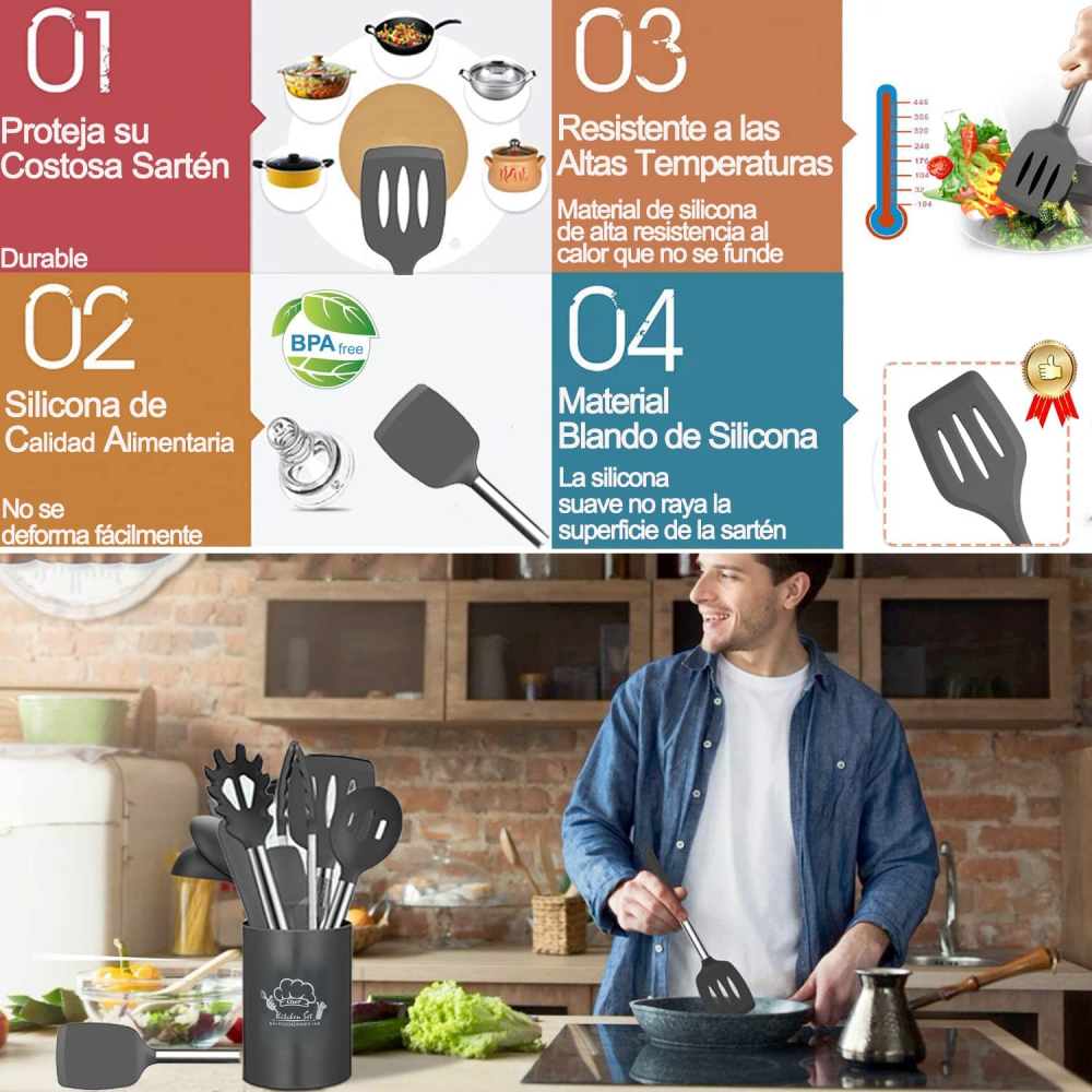 Set 12 Utensilios Cocina Silicona Resistentes Mango Acero Inoxidable