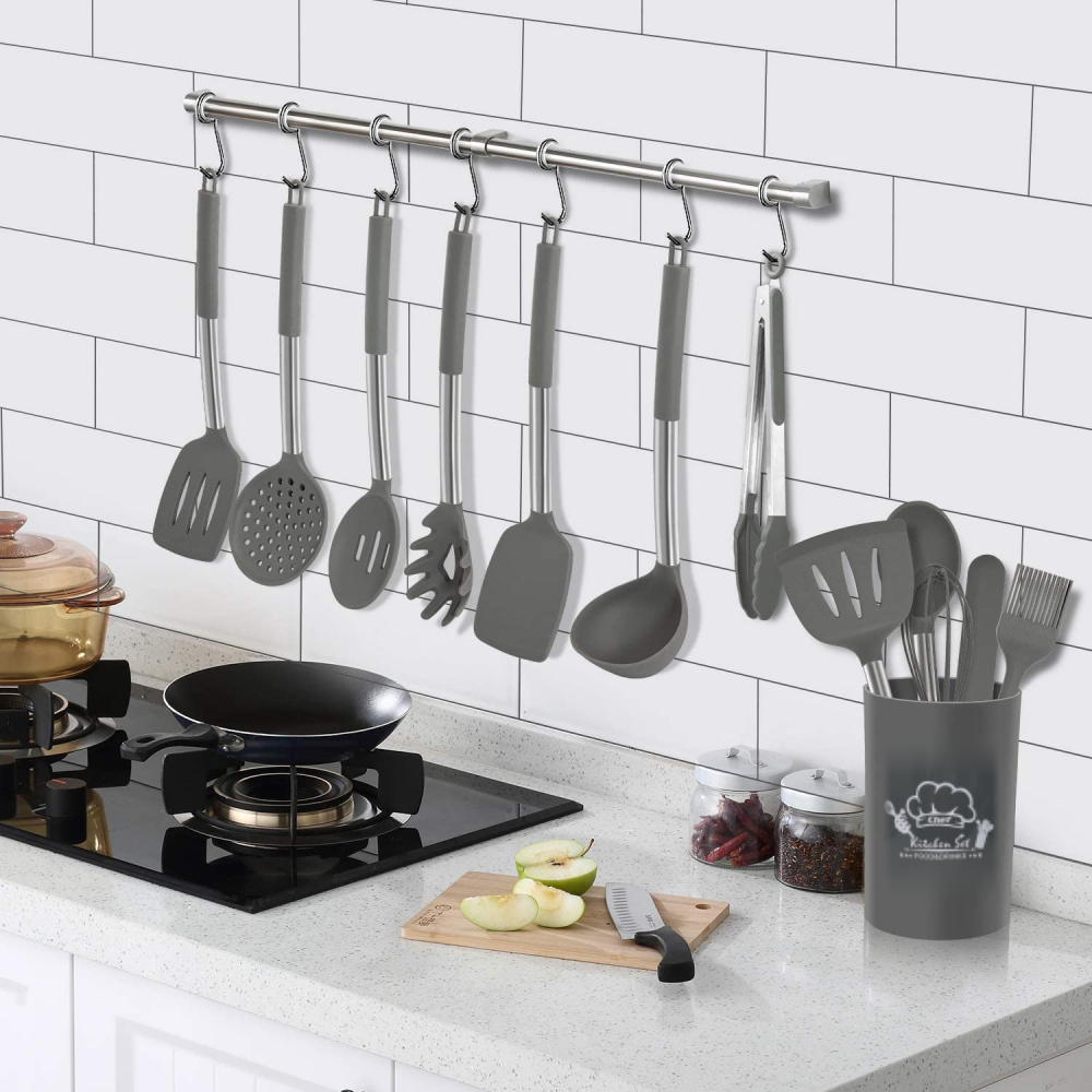 Set 12 Utensilios Cocina Silicona Resistentes Mango Acero Inoxidable
