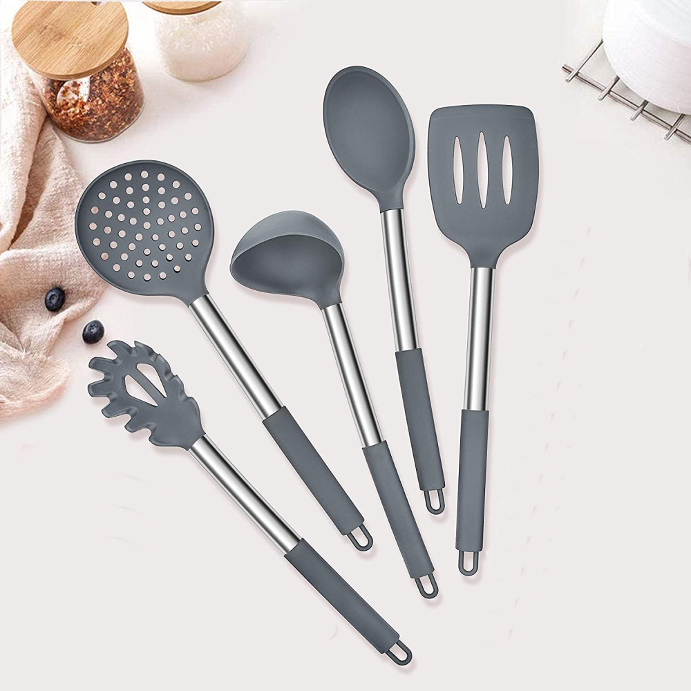 Set 12 Utensilios Cocina Silicona Resistentes Mango Acero Inoxidable