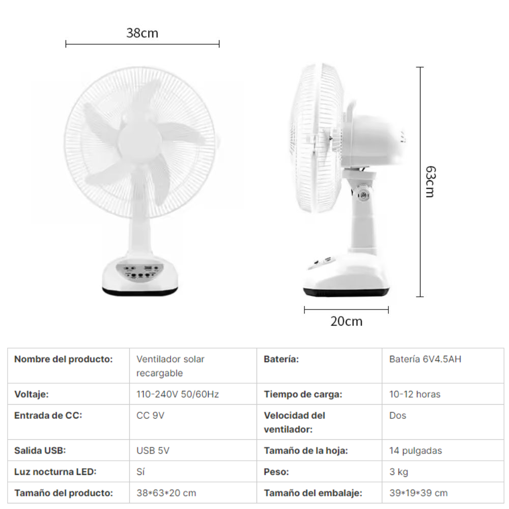 Ventilador Portátil 14inch Recargable Panel Solar Luces Led