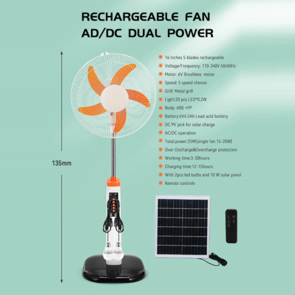 Ventilador Recargable 16in Panel Solar 5 Velocidades GD-8056