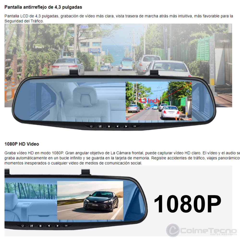 Cámara Carro Dash Cam Espejo DVR 4.1inch Full HD + Trasera