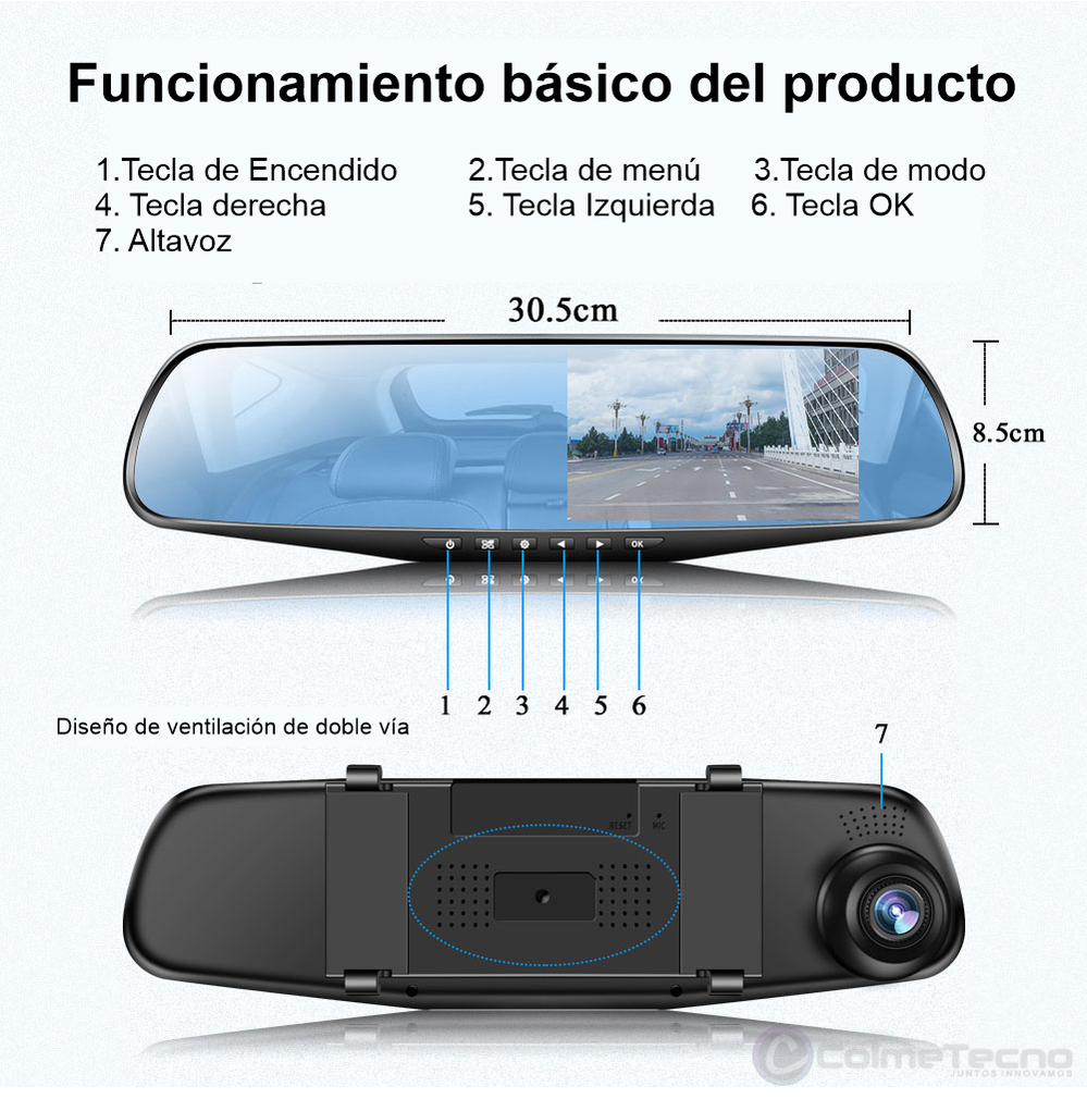 Cámara Carro Dash Cam Espejo DVR 4.1inch Full HD + Trasera