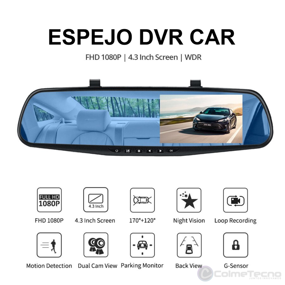 Cámara Carro Dash Cam Espejo DVR 4.1inch Full HD + Trasera