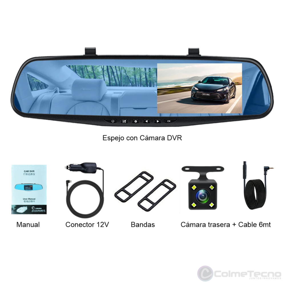 Cámara Carro Dash Cam Espejo DVR 4.1inch Full HD + Trasera
