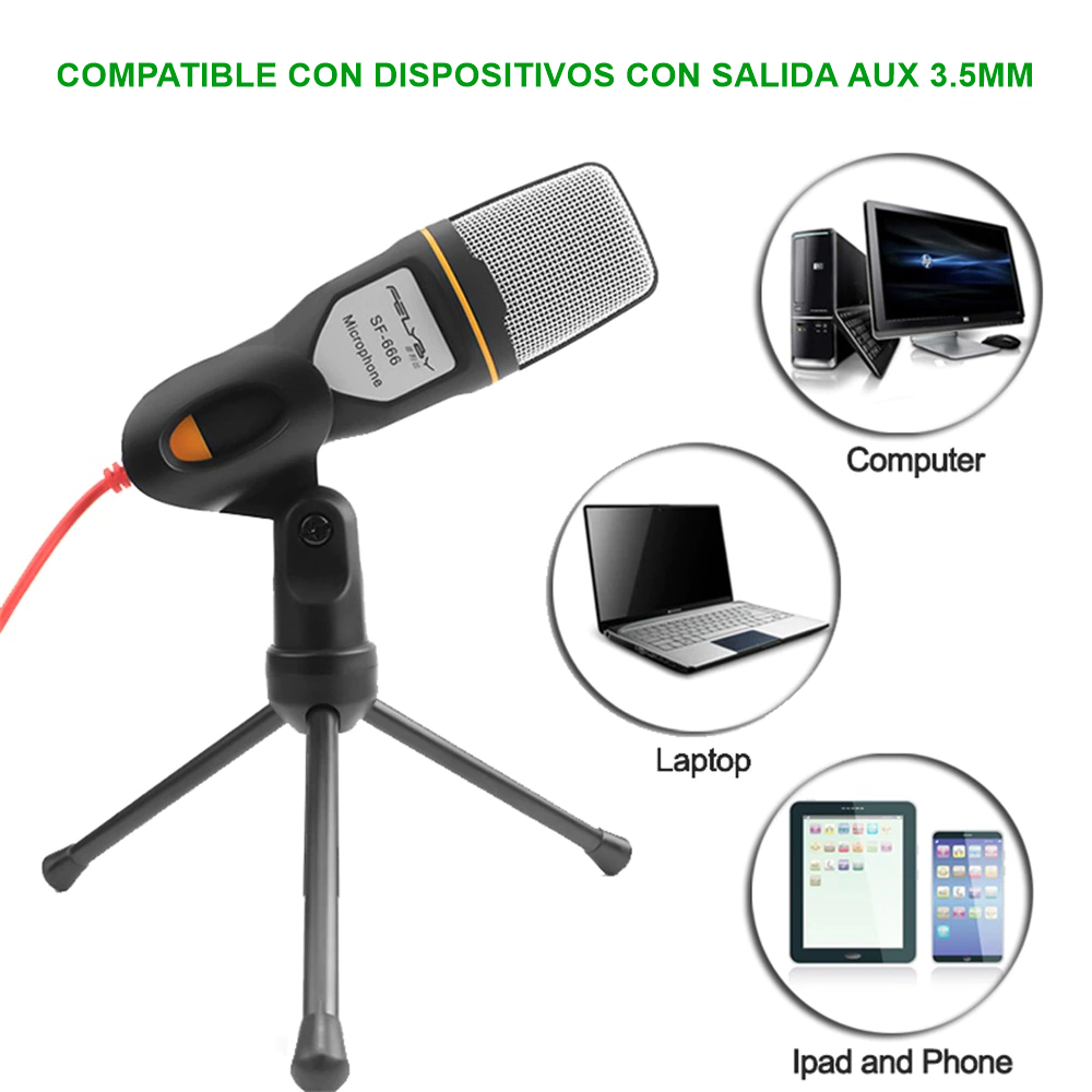 Micrófono Condensador SF-666 Omnidireccional Trípode PC 3.5mm