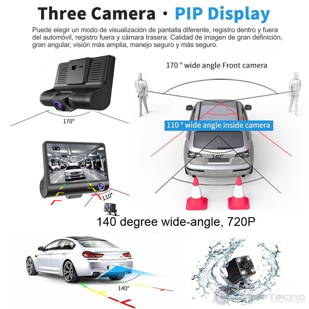 Cámara para Carro DVR 3 en 1 Full HD 1080P Dual Dash Cam