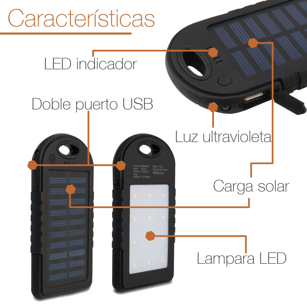 Power Bank Solar Batería Externa Portátil 5000mah Luz LED