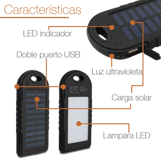 Power Bank Solar Batería Externa Portátil 12.000mah Luz LED