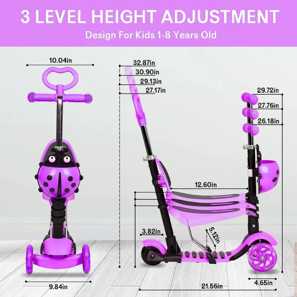 Patineta Scooter Monopatín Para Niños 5en1 Luz Led Mariquita