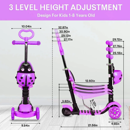 Patineta Scooter Monopatín Para Niños 5en1 Luz Led Mariquita