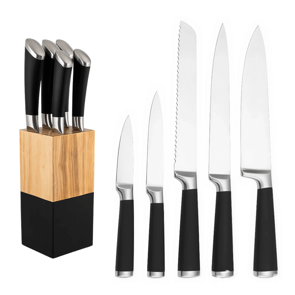 Juego De Cuchillos 6 Piezas Acero Inoxidable Base Madera