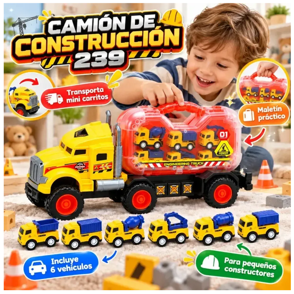 Camión Juguete Transporte 6 Carritos Construcción + Estuche