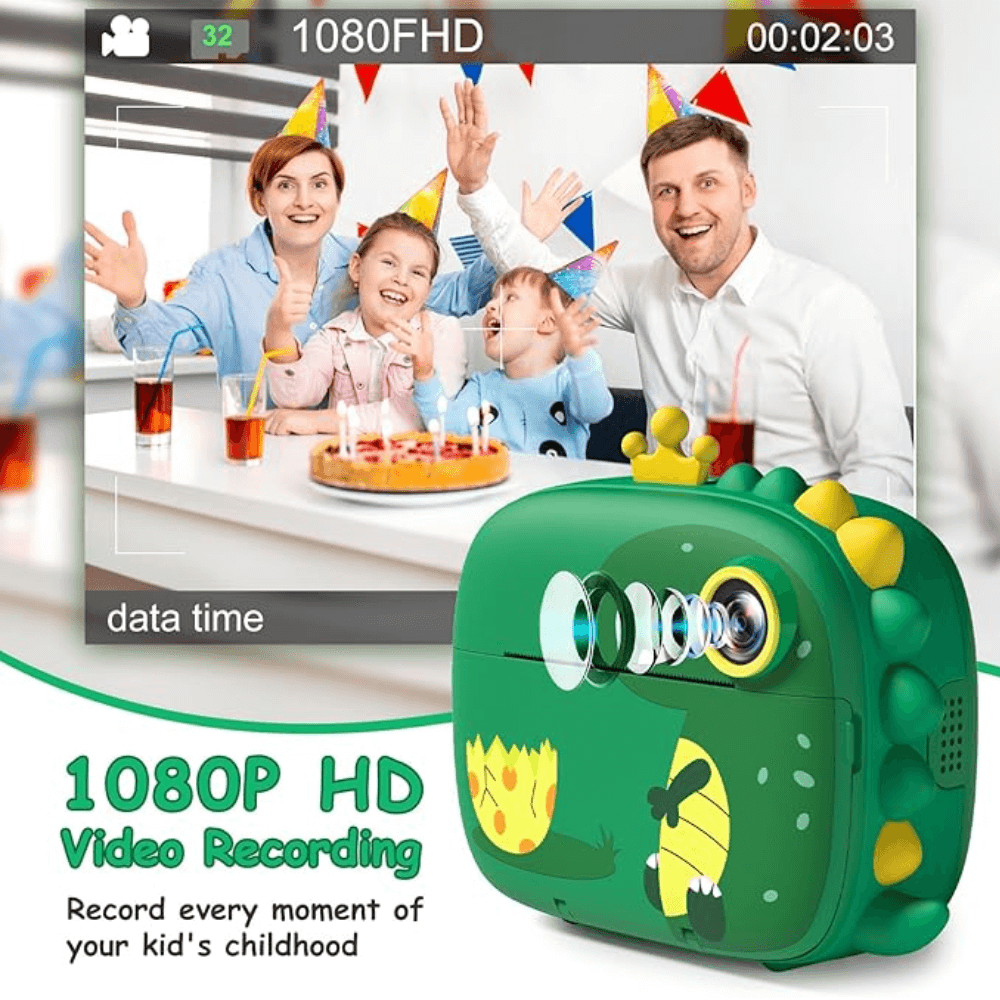 Cámara Instantánea Impresora Fotos Infantil 1080p Dinosaurio