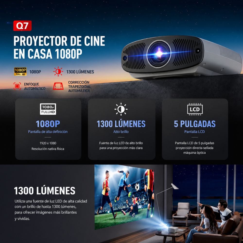 Proyector Smart 8k Full Hd Q7 1300 Ansis + Telón Arl 120inch