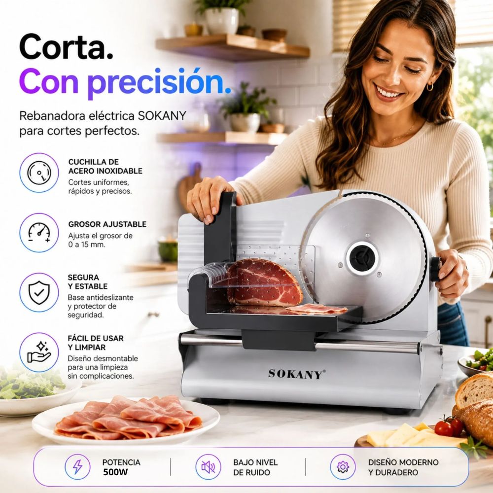 Rebanadora De Carne Sokany Eléctrica Acero Inoxidable 500w
