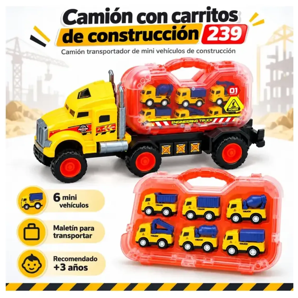 Camión Juguete Transporte 6 Carritos Construcción + Estuche