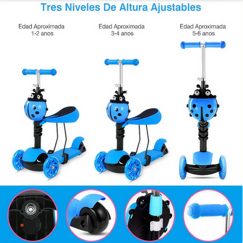 Patineta Scooter Monopatín Para Niños 5en1 Luz Led Mariquita