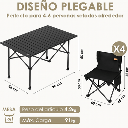 Juego De Camping Set Mesa 95cm 4 Sillas Plegables Portatil