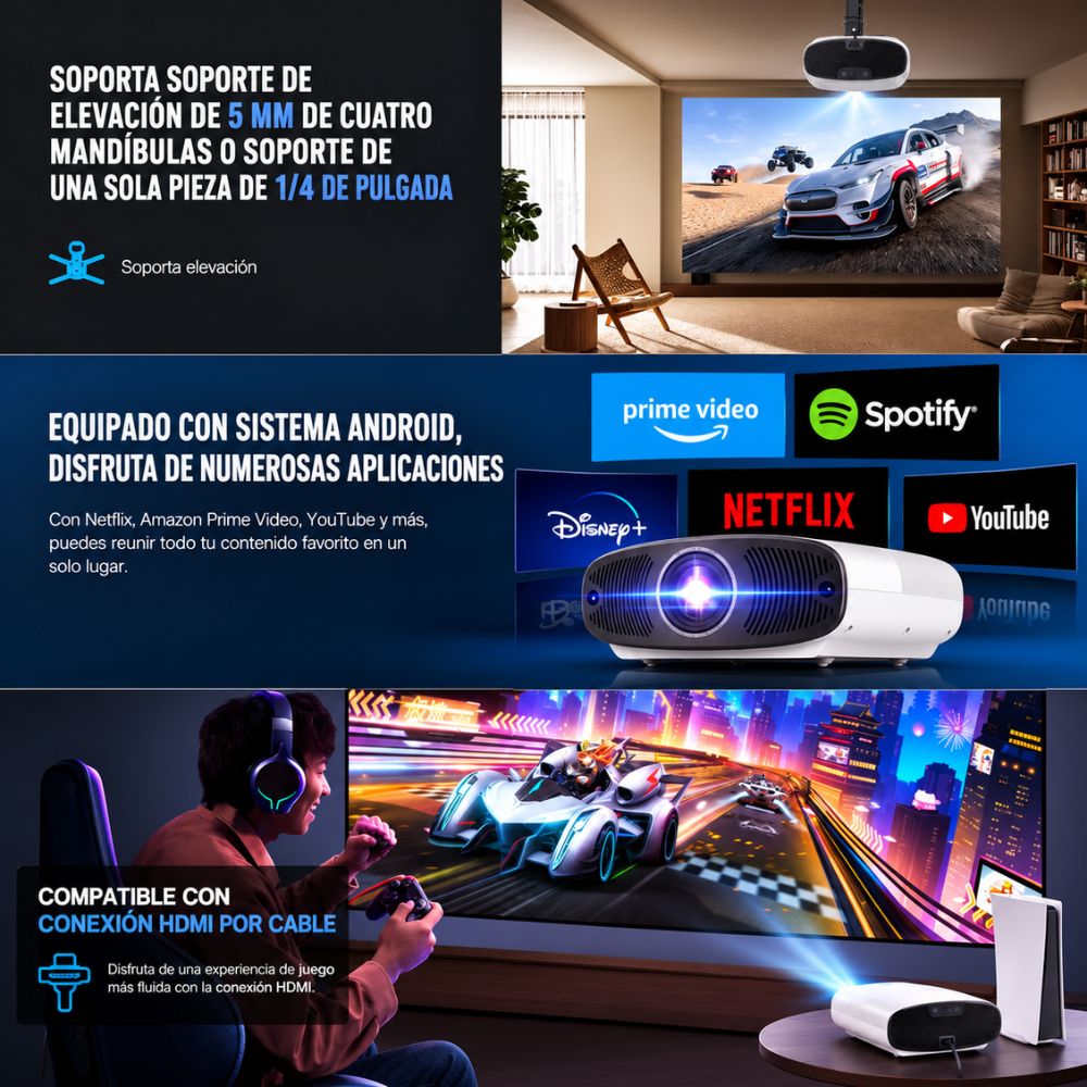 Proyector Smart 8k Full Hd Q7 1300 Ansis + Telón Arl 120inch