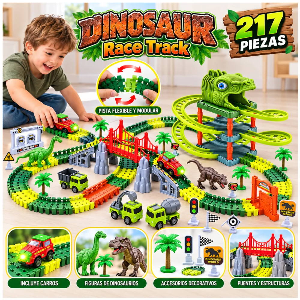 Pista De Carritos Flexible Armable 217 Piezas Dinosaur Race