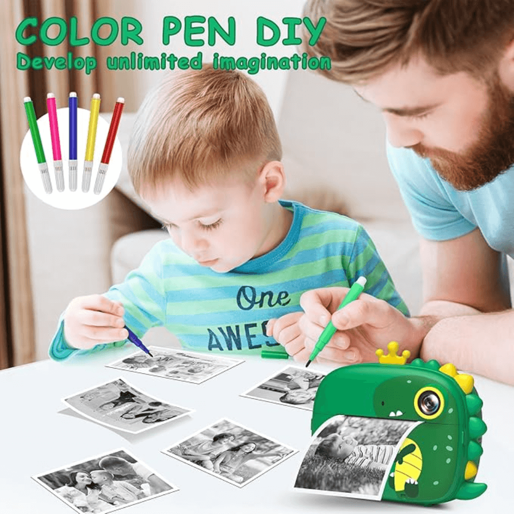 Cámara Instantánea Impresora Fotos Infantil 1080p Dinosaurio
