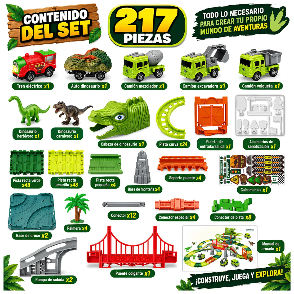 Pista De Carritos Flexible Armable 217 Piezas Dinosaur Race