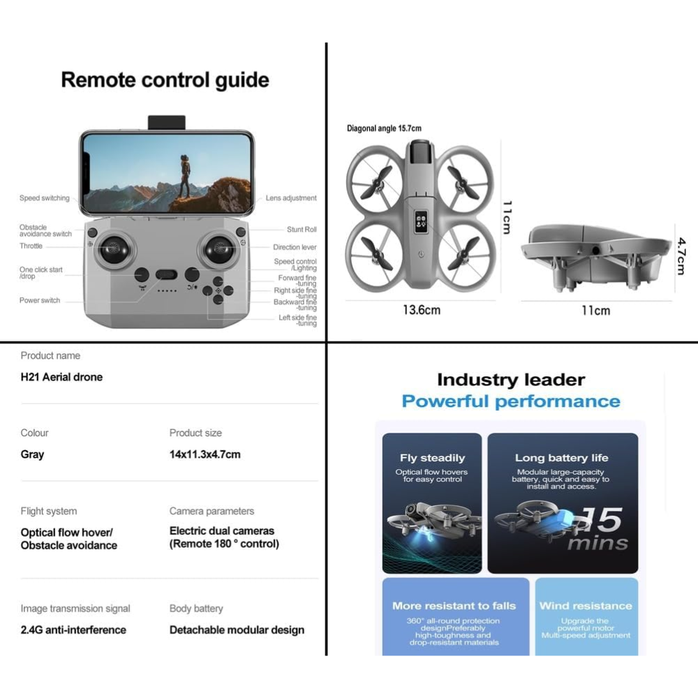 Mini Drone H21 Dual Cámara HD Wifi Sensor Obstáculos UAV FPV