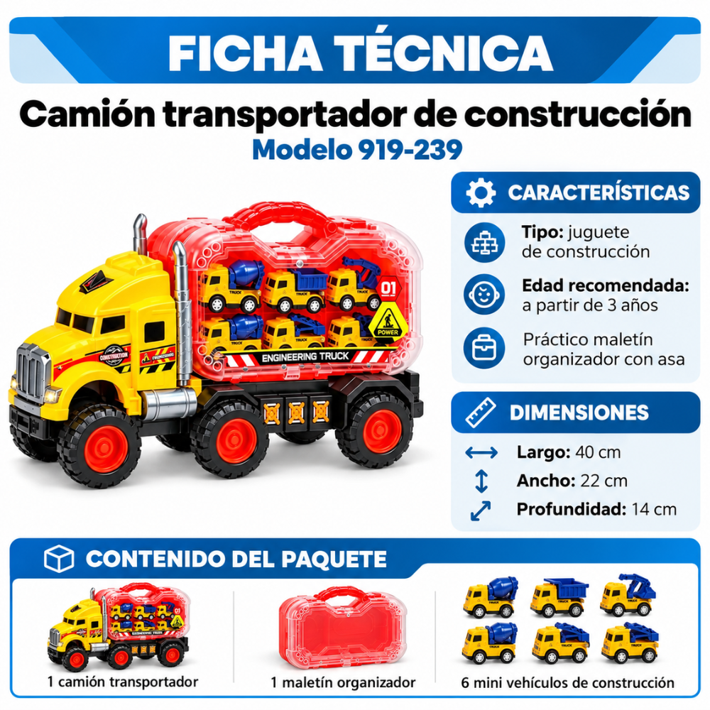 Camión Juguete Transporte 6 Carritos Construcción + Estuche