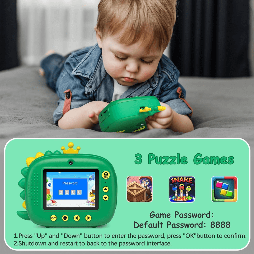 Cámara Instantánea Impresora Fotos Infantil 1080p Dinosaurio