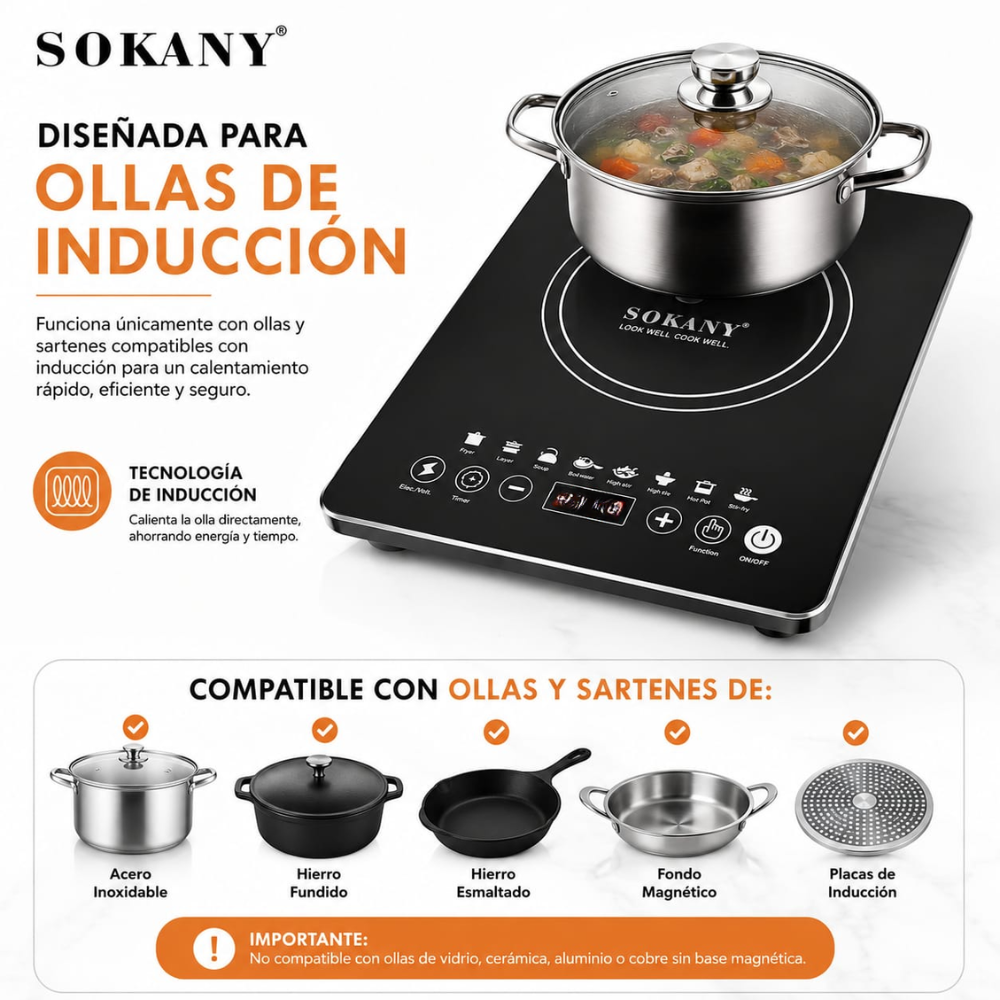 Estufa Eléctrica Inducción 1 Puesto Táctil Sokany 1200w 110v