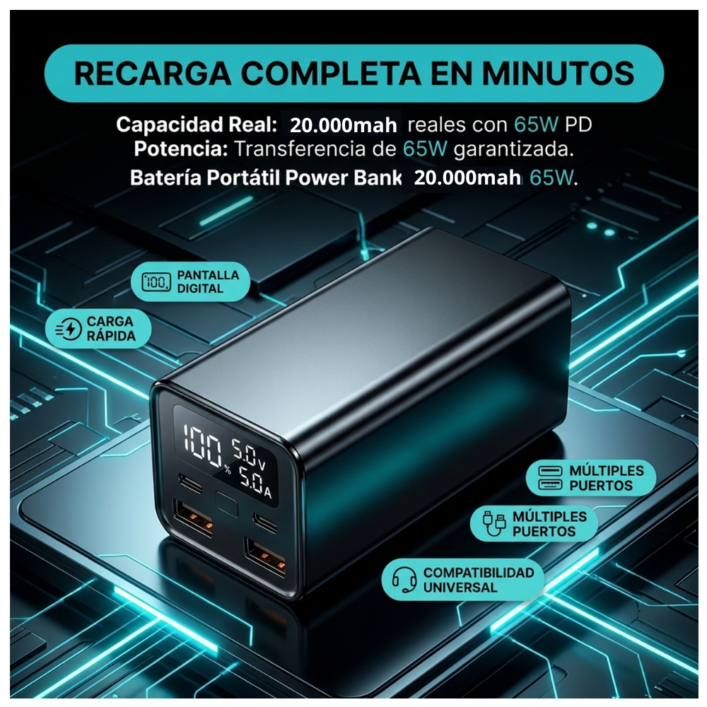 Power Bank Batería Externa 20.000mah 65w Carga Ultra Rápida