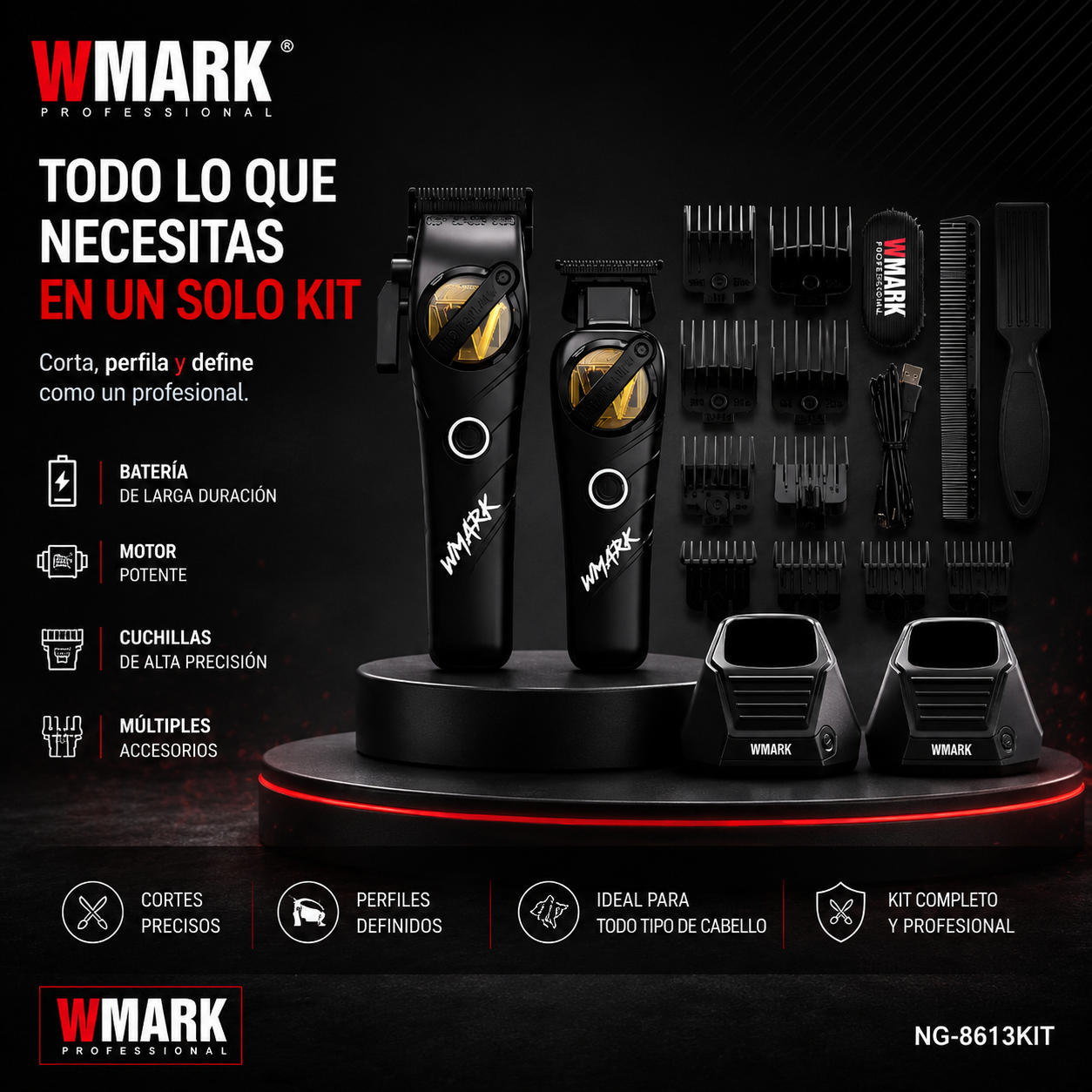 Kit Cortadora De Pelo + Trimmer Profesional WMARK NG-8613