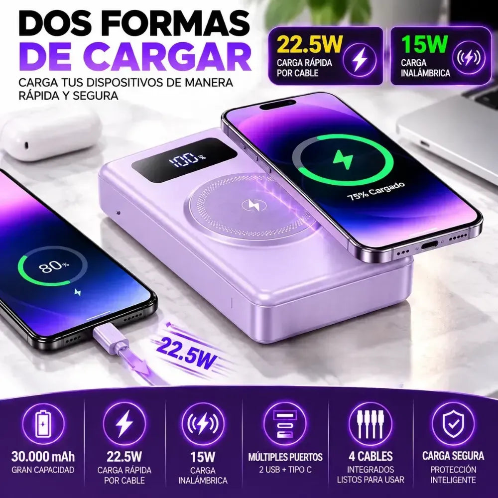 Power Bank 30.000mah Carga Rápida Magnética 22.5w Multicable