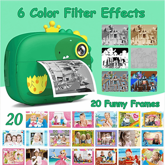 Cámara Instantánea Impresora Fotos Infantil 1080p Dinosaurio