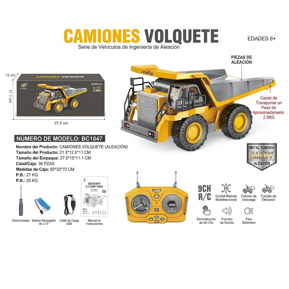 Carro Volqueta Control Remoto 9 Canales 2.4Ghz Con Luces LED
